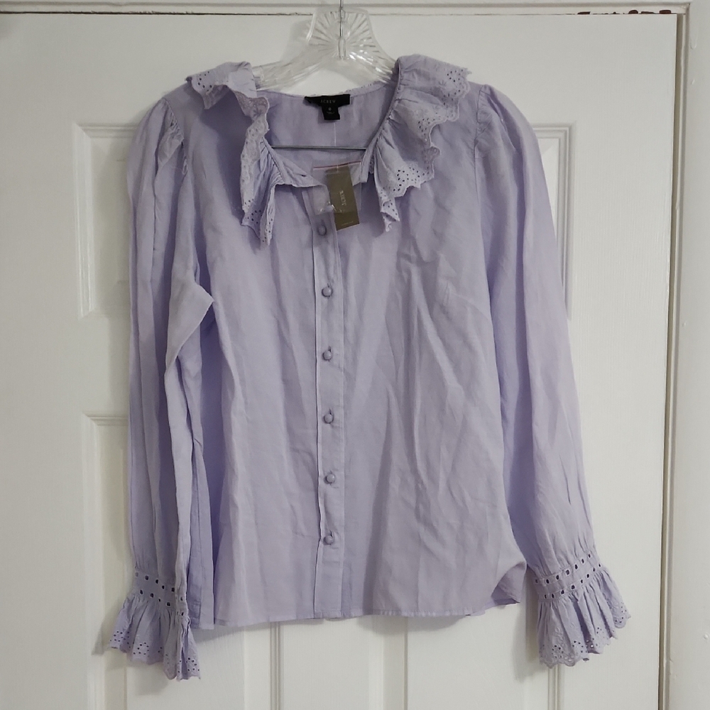 J. Crew Lavendar Blouse with Ruffled Bishop Sleeves and Bib Collar